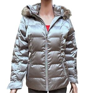 Spyder Silver Puffer Jacket Faux Fur Hooded Coat Juniors 14